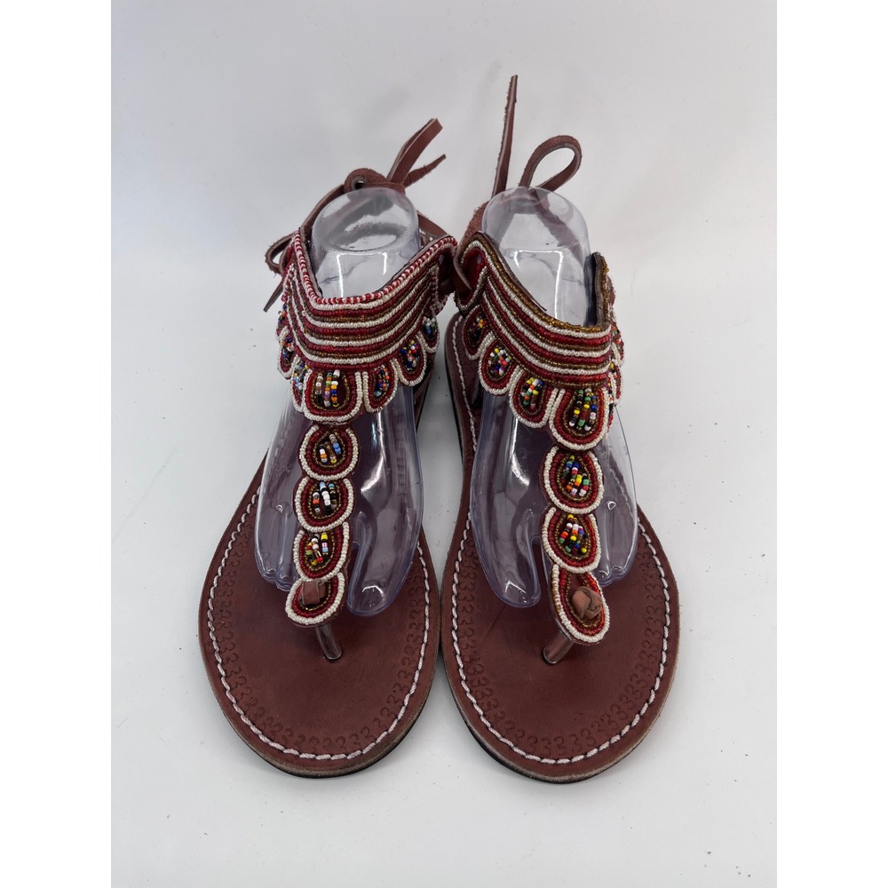 Handmade Maasai Beaded Leather Sandals Brown Lace Up Gladiator Flats Womens 8.5